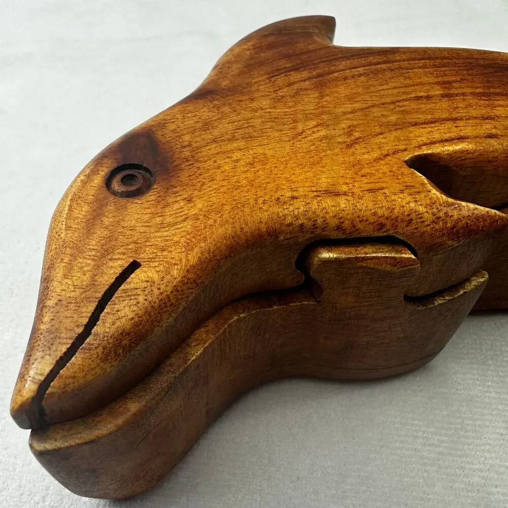 Wooden Dolphin Puzzle Treasure Box Moveable Puzzle 3D Coastal Jewelry Box